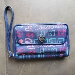 Coach Poppy Blue and Pink graffiti zip around wallet with attached wristlet